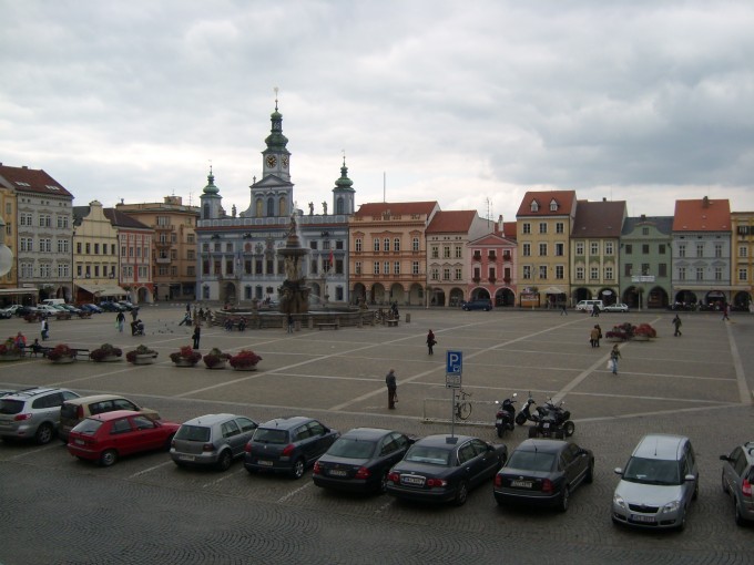 The view of Přemysl Otakar II Square from the cafe Au Chat Noir in the late afternoon